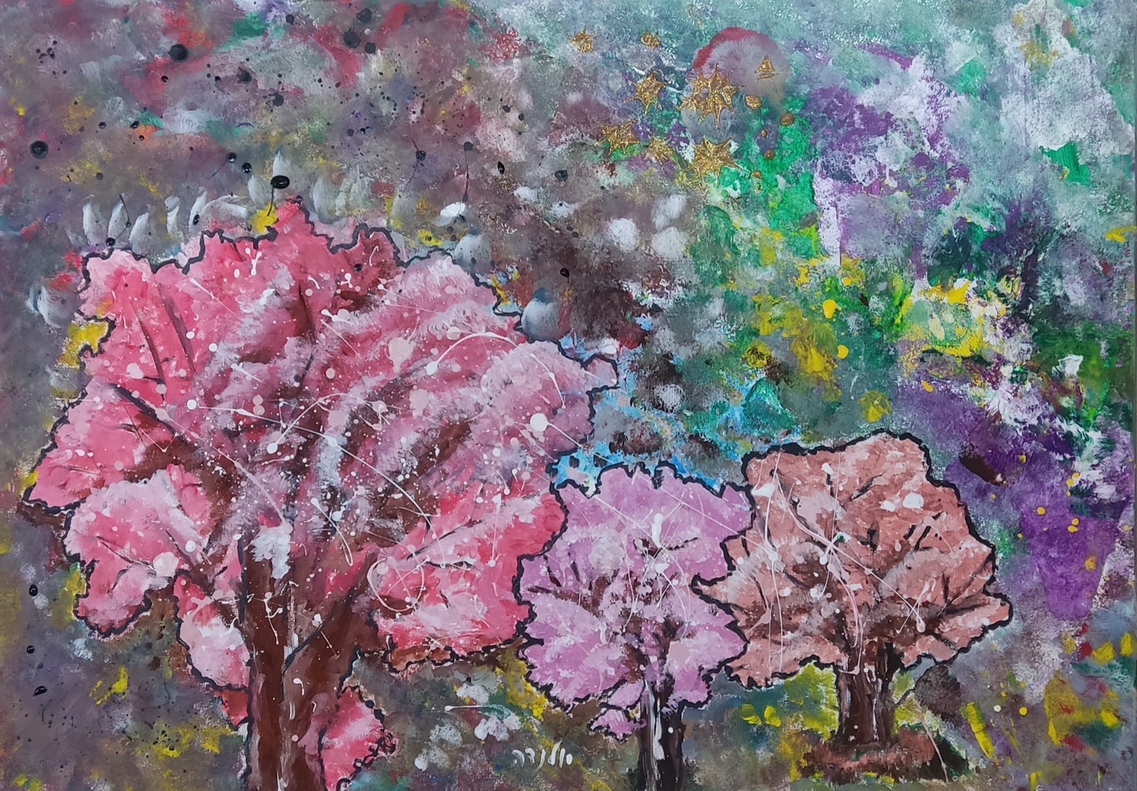 Pink Trees, acrylic painting by Yolanda Gilad, 2022